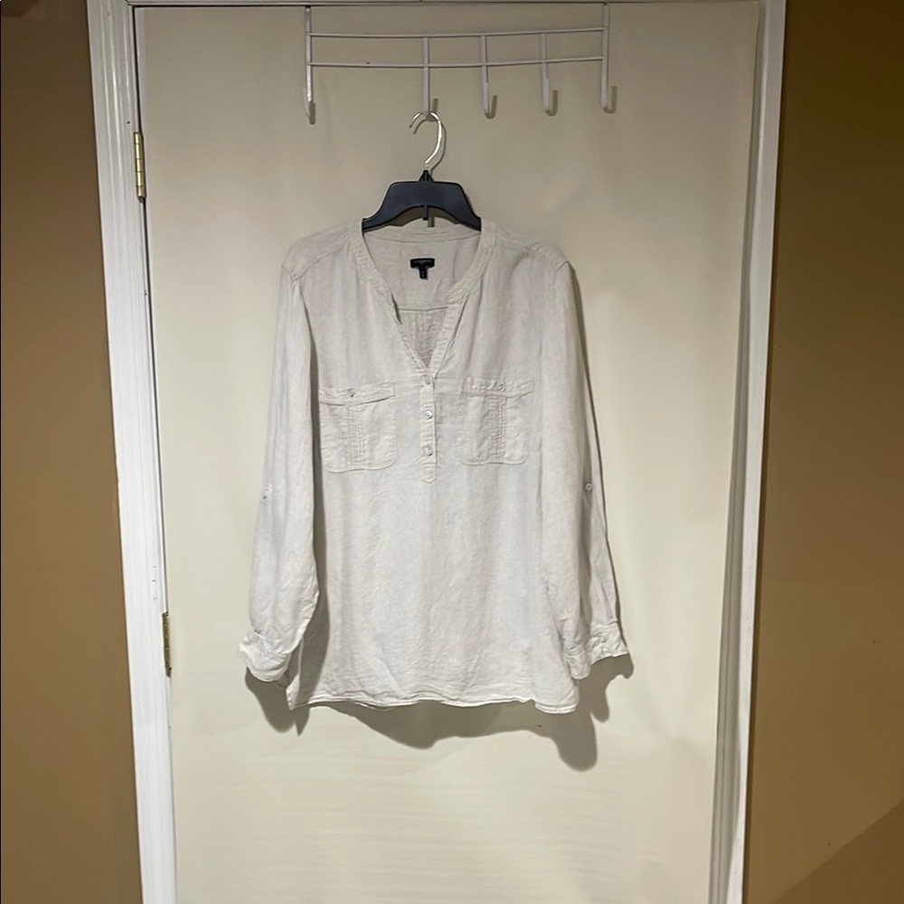 Talbots 100% Linen Long Sleeve Mandarin Collar Blouse Cream Beige